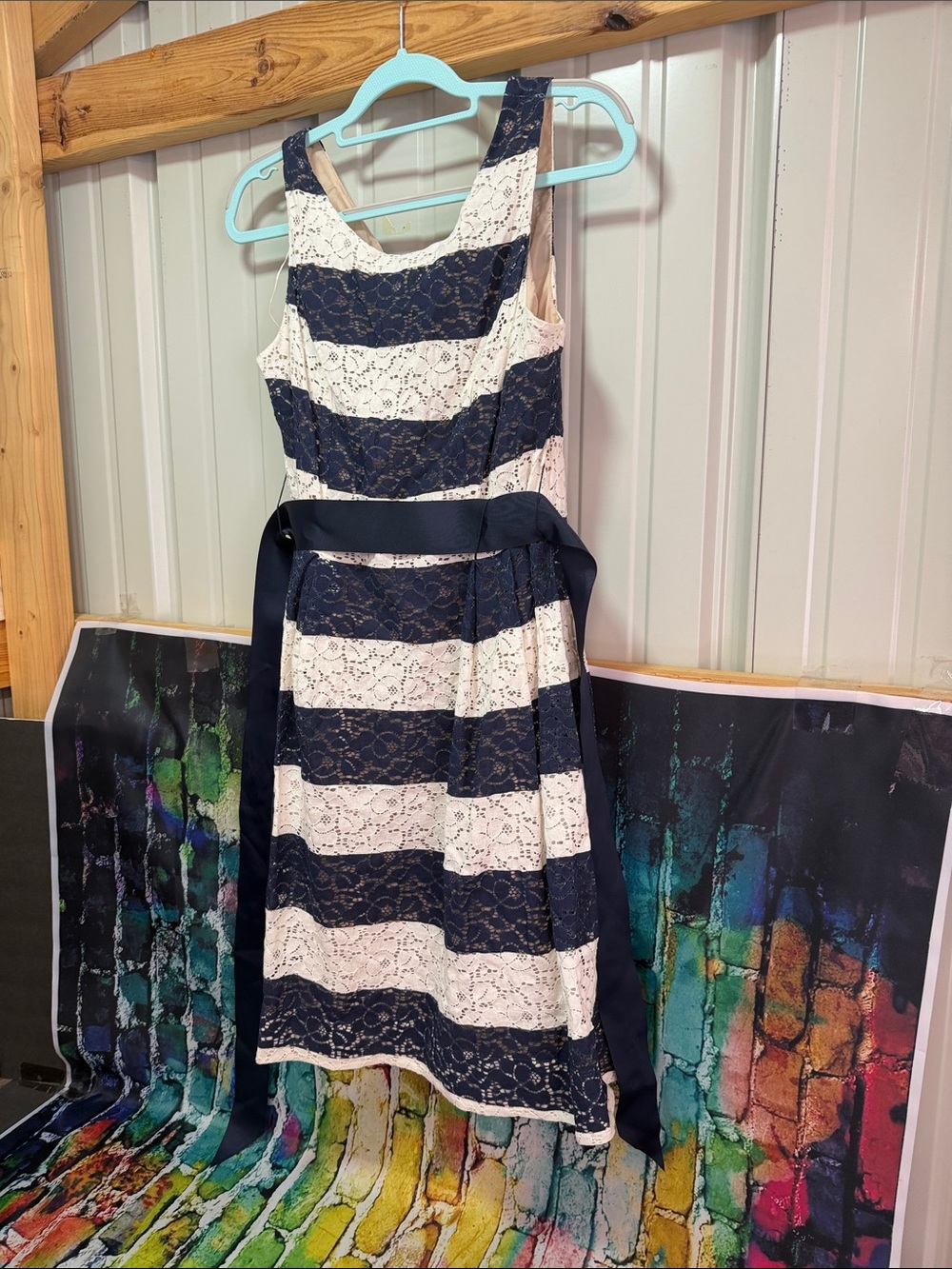 Robbie Bee Navy and White Lace Striped Dress with Sash